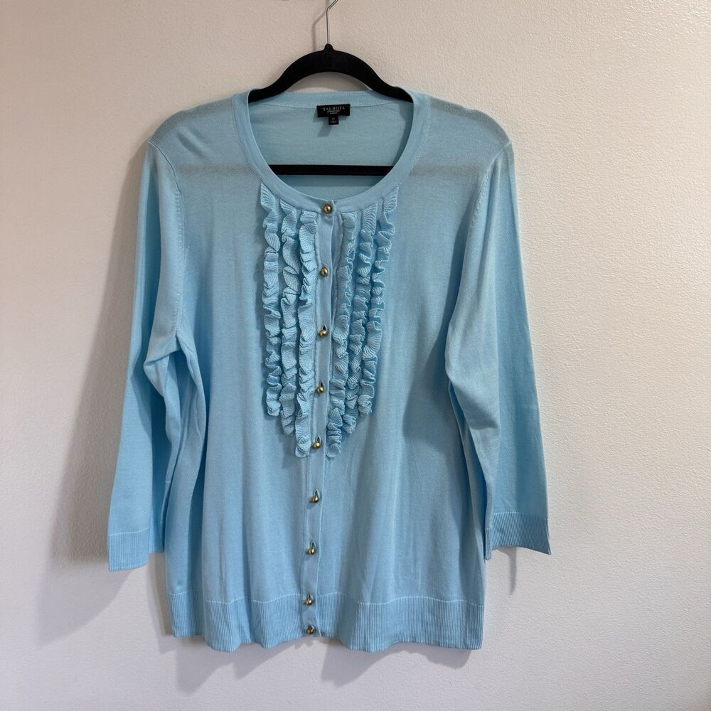 Talbots Cardigan Sweater 1X Turquoise Blue Cotton Knit Ruffle Gold Button Front